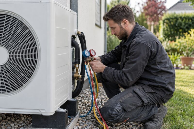 Installateur raccordant l'unité extérieure d'une pompe à chaleur